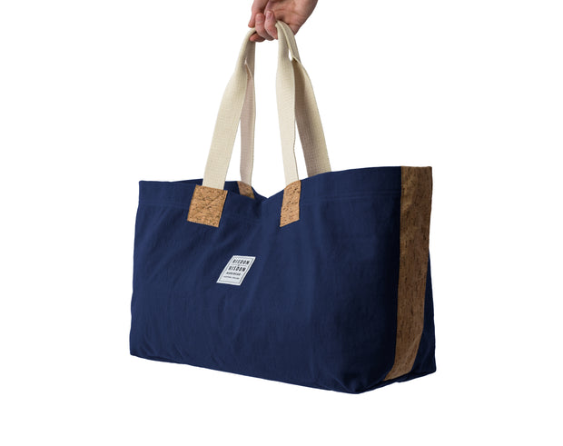 A blue canvas market bag