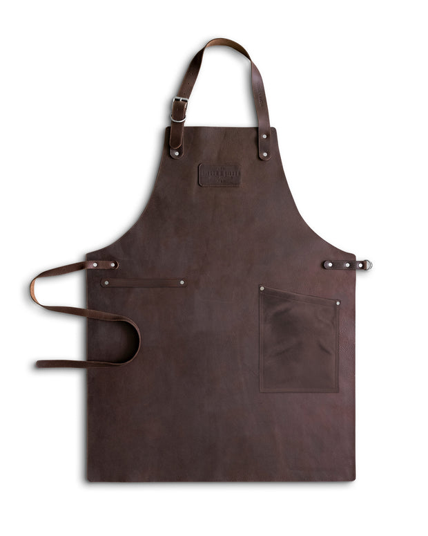 Handcrafted brown leather apron with matching leather straps: made in Britain.
