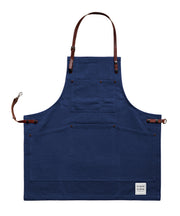 Children's handcrafted blue canvas apron with removable leather straps: made in Britain.