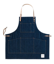 Children's handcrafted denim apron with removable cork straps: made in Britain.