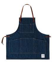 Children's handcrafted denim apron with removable leather straps: made in Britain.
