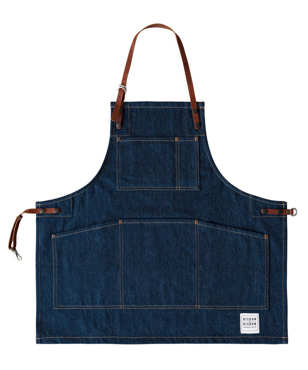 Children's handcrafted denim apron with removable leather straps: made in Britain.