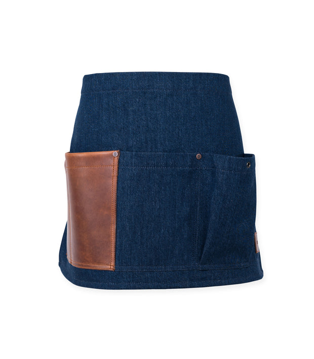Handcrafted, denim waist (half)-apron; made in Britain with leather pocket.