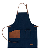 Handcrafted, denim apron; made in Britain with removable, leather straps and pocket.