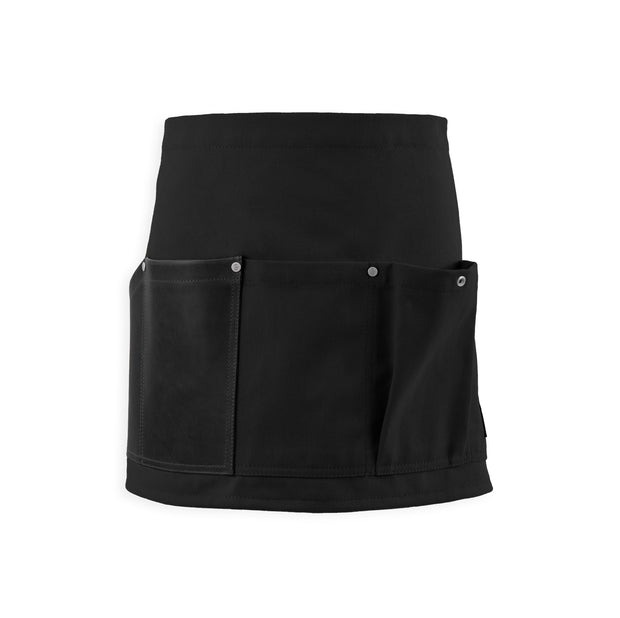 Handcrafted, black canvas waist (half)-apron; made in Britain with leather pocket.