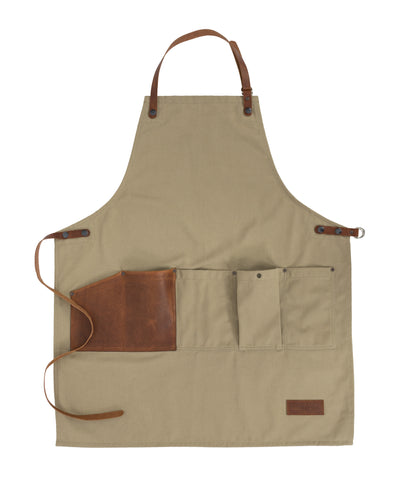 Handcrafted, khaki canvas apron; made in Britain with removable, leather straps and pocket.