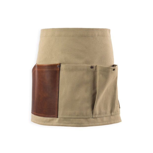 Handcrafted, khaki canvas waist (half)-apron; made in Britain with leather pocket.