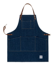 Handcrafted, denim apron; made in Britain with pockets and removable leather straps.