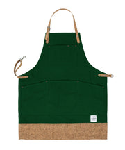 Handcrafted, Shropshire green canvas apron; made in Britain with pockets and cork trim and straps.
