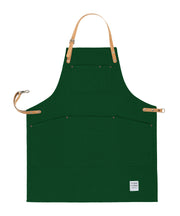 Handcrafted, Shropshire green canvas apron; made in Britain with pockets and removable, cork straps.