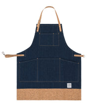 Handcrafted, denim apron; made in Britain with pockets and cork trim and straps.