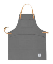 Handcrafted, heritage grey canvas apron; made in Britain with pockets and removable, cork straps.
