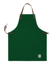 Handcrafted, Shropshire green canvas apron; made in Britain with pockets and removable leather straps.