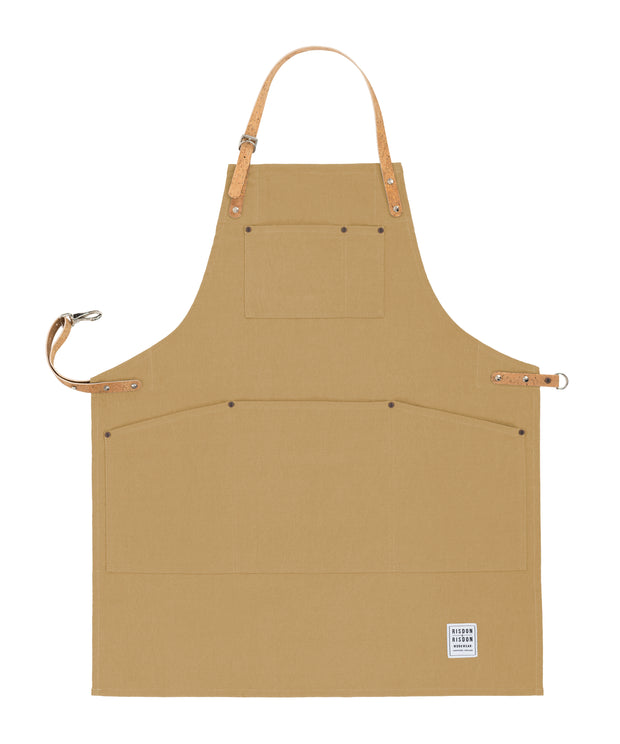 Handcrafted, trade brown canvas apron; made in Britain with pockets and removable, cork straps.