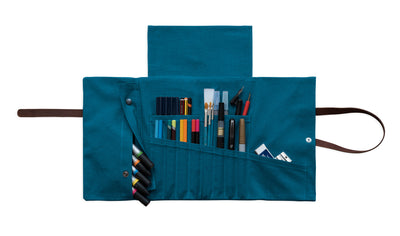 A handcrafted teal Leather and Canvas artist roll