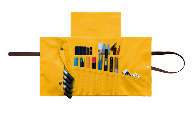 A handcrafted yellow Leather and Canvas artist roll