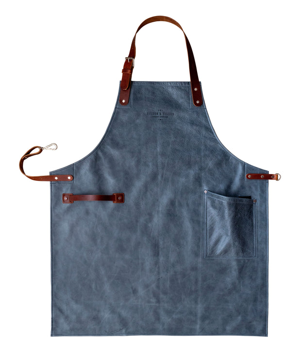 An all leather blue handcrafted apron with removeable straps. made in britan