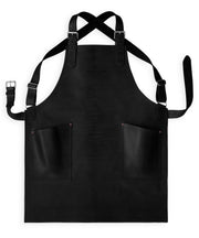 Handcrafted, coal black leather apron; made in Britain with matching pockets and straps.