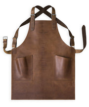 Handcrafted, shale brown leather apron; made in Britain with matching pockets and straps.