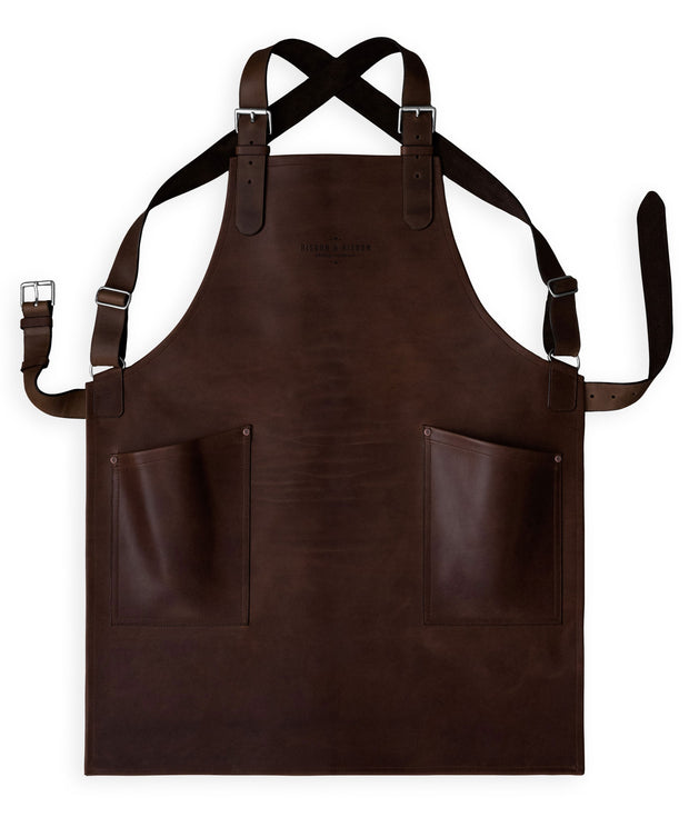 Handcrafted, truffle brown leather apron; made in Britain with matching pockets and straps.
