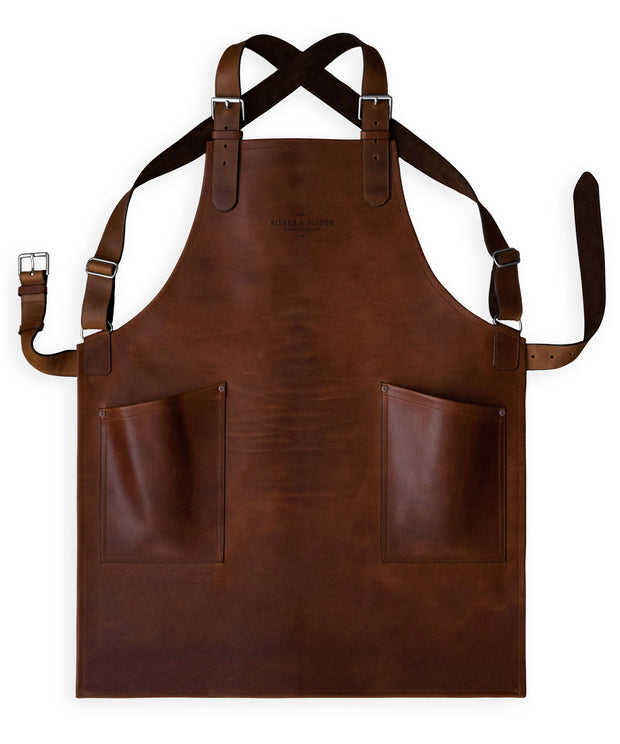 Handcrafted, walnut leather apron; made in Britain with matching pockets and straps.