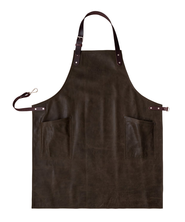 An all leather brown handcrafted apron with removeable straps. made in britan