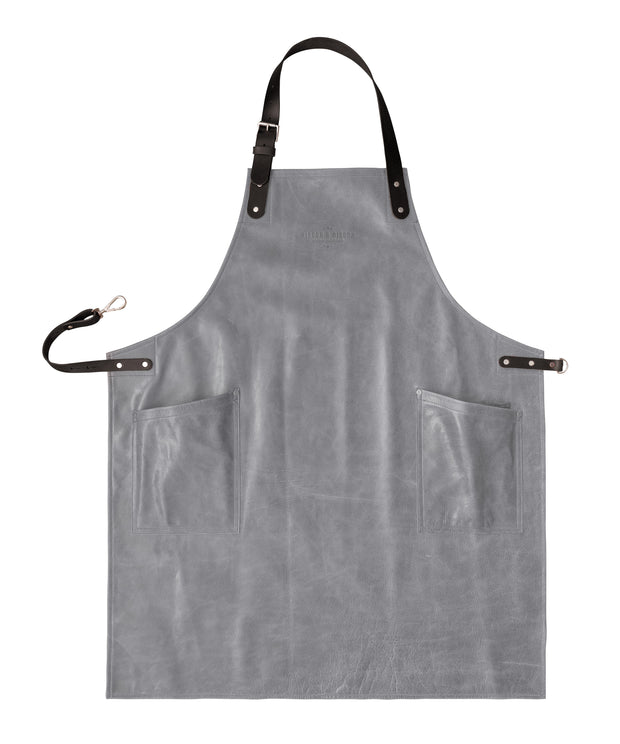 An all leather grey handcrafted apron with removeable straps. made in britan