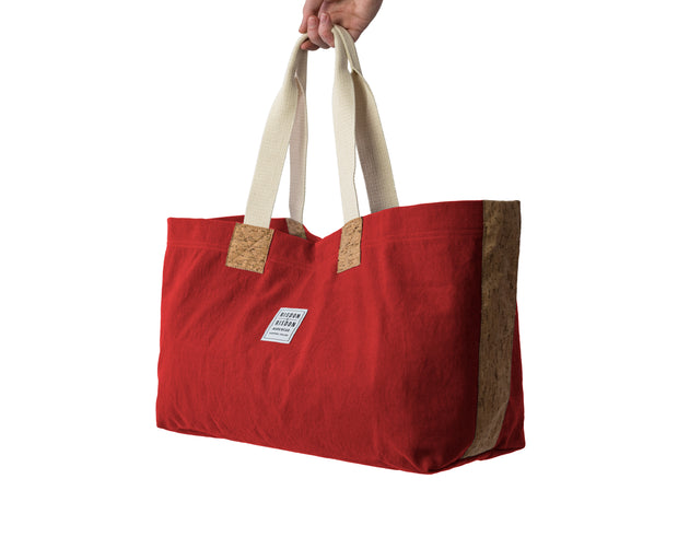 risdon and risdon canvas cork market tote bag vegan sustainable shopping beach college gym baby changing luggage school college book accessory designed in England handmade in Britain factory red